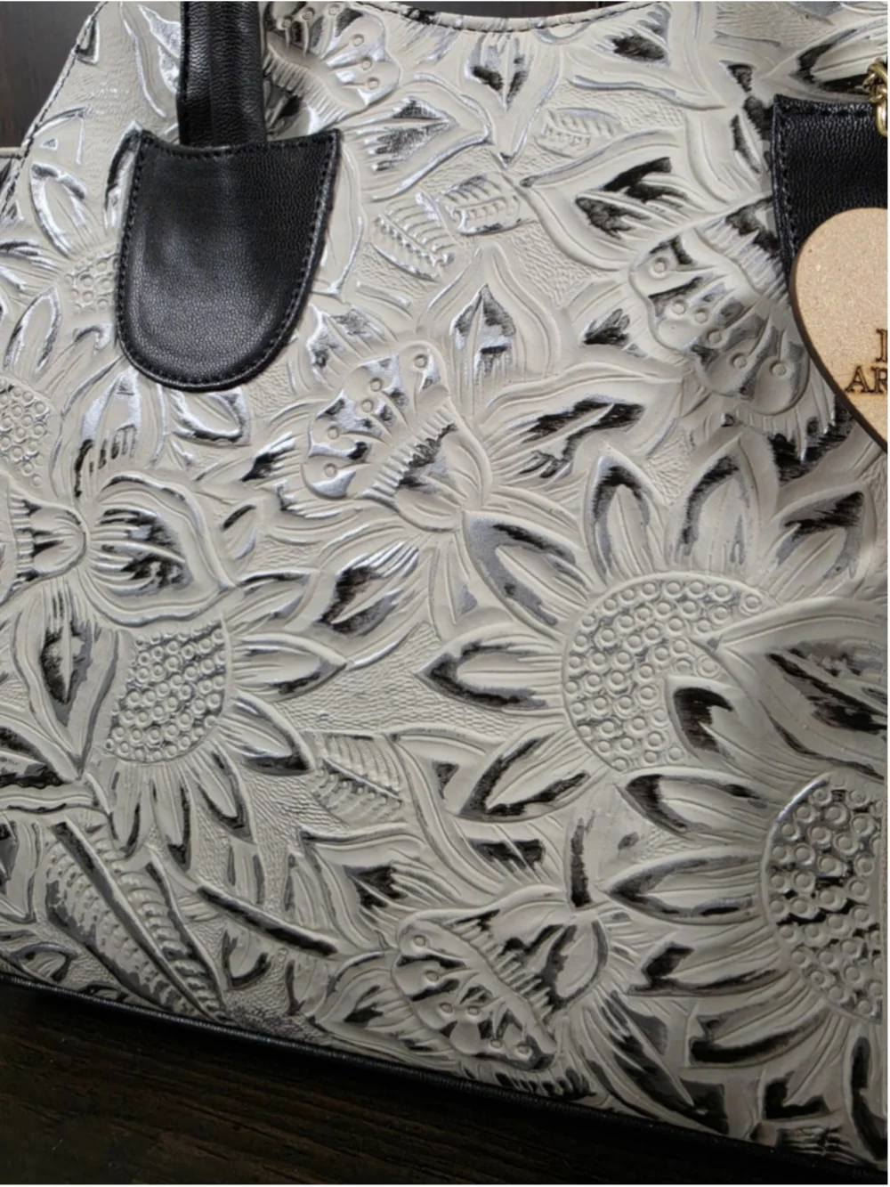 Black White Silver Embossed Tooled Artisan LEATHER Shoulder Bag Purse Crossbody